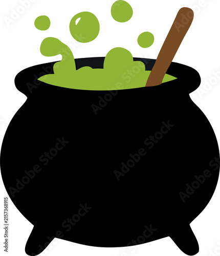 Cute Halloween witch cauldron vector with bubbling green potion and wooden spoon