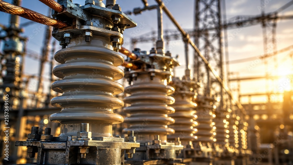 Fototapeta premium High Voltage Ceramic Insulators and Power Lines at an Electrical Substation During Sunset