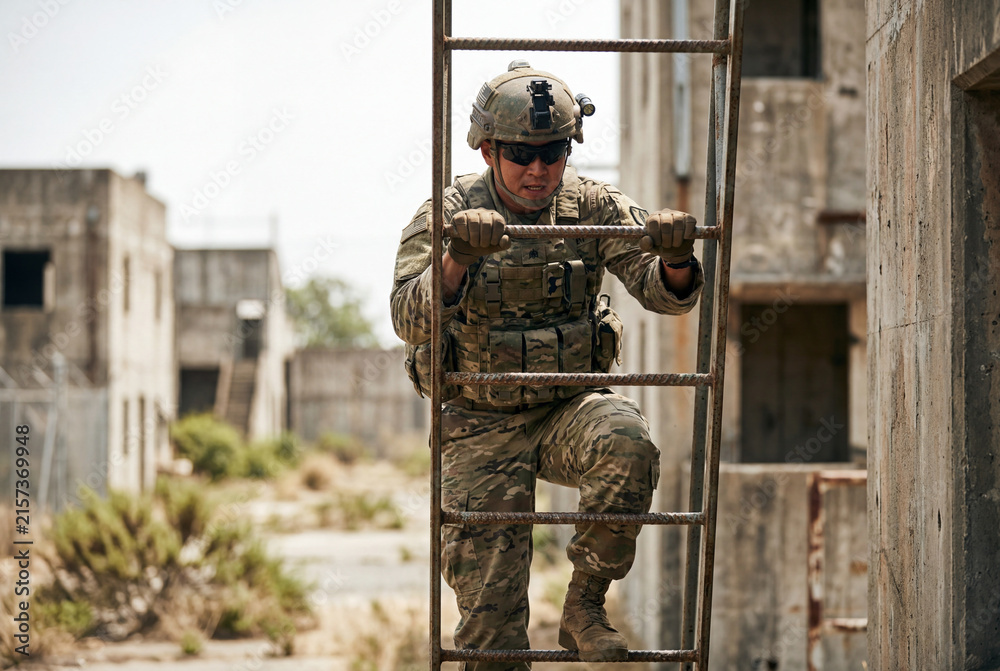 Fototapeta premium Asian male soldier in camouflage uniform climbs a metal ladder in a ruined urban environment