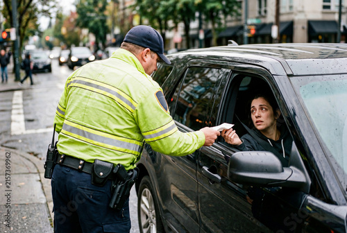 Police officer in a bright uniform hands a traffic ticket to a female driver in a car