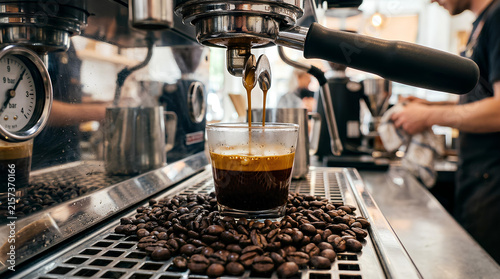 Coffee brewing from espresso machine into a glass cup.