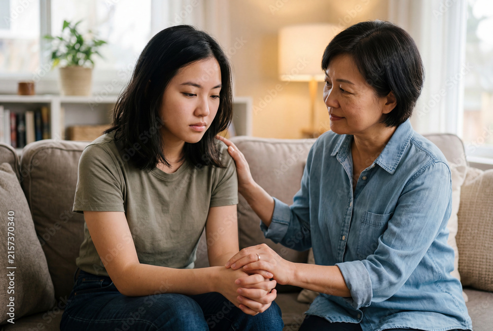 Fototapeta premium Asian mother comforting her sad young adult daughter while sitting together on a sofa