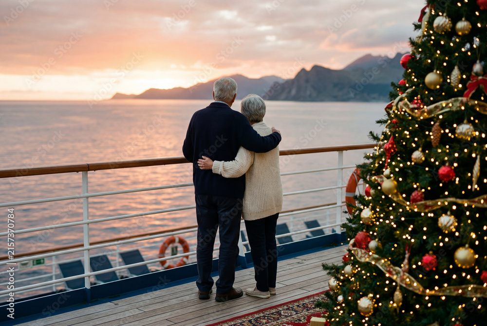 Fototapeta premium Senior couple embracing on a cruise ship deck near a christmas tree
