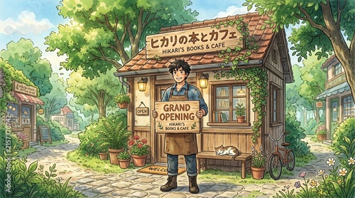 Young entrepreneur standing before a charming wooden bookstore cafe.