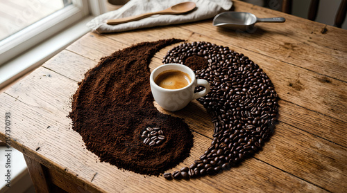 Coffee cup and beans arranged in yin yang symbol.
