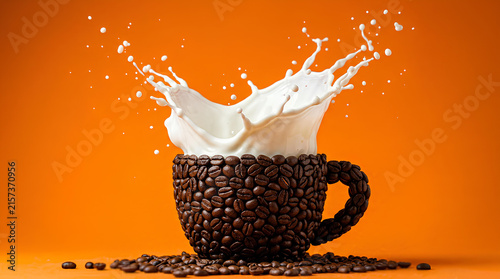 Coffee cup made of beans with milk splash