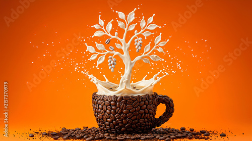 Coffee cup made of beans with milk tree splash.