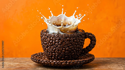 Coffee cup made of beans with milk splash.