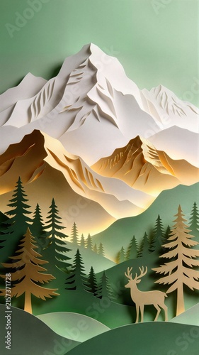 Stunning paper-cut layered mountain landscape in sage green with golden-lit peaks, evergreen pine trees and a graceful deer silhouette in the foreground.