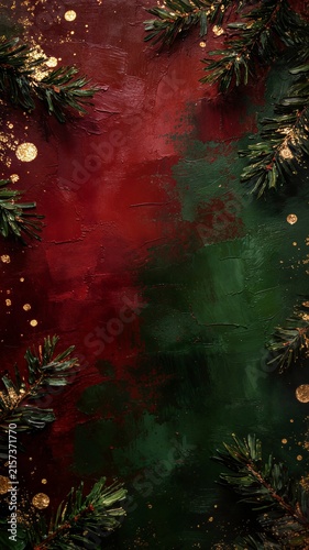 Vertical format painterly Christmas background in deep burgundy red and dark green with pine branch corners, gold glitter dots and ample central copy space for invitations.