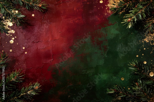 Square format richly painted Christmas background in deep red and emerald green tones with pine branch corners and scattered gold glitter confetti details.