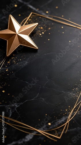 Polished solid gold Christmas star placed in the corner of a black marble surface framed by thin gold lines with generous copy space and glitter accents.