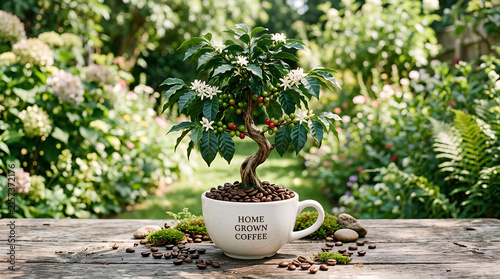 Coffee plant growing in white cup on wooden table.
