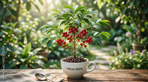 Coffee plant seedling growing in white mug.