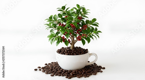 Coffee plant with red berries growing in white cup