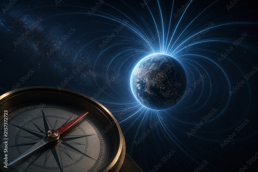Naklejka premium Compass aligning with glowing planetary magnetic field