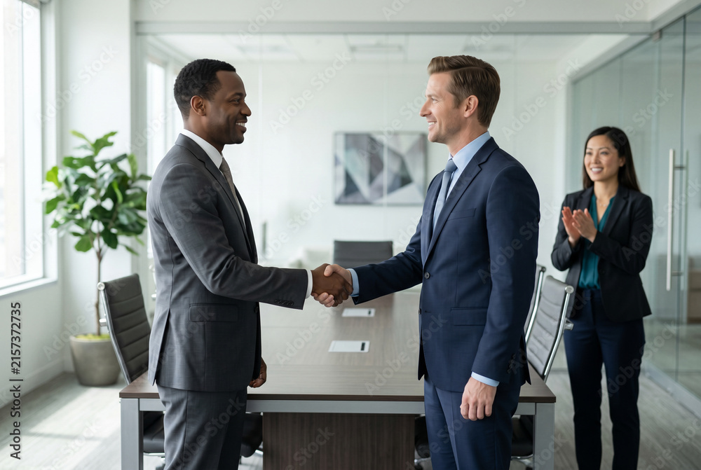 Fototapeta premium Business partners shaking hands after successful deal in office