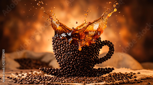 Coffee splashing from a cup made of roasted beans.