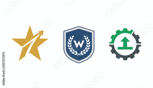 Creative business logo templates featuring a gold star with arrow, blue shield, and industrial green gear symbol.