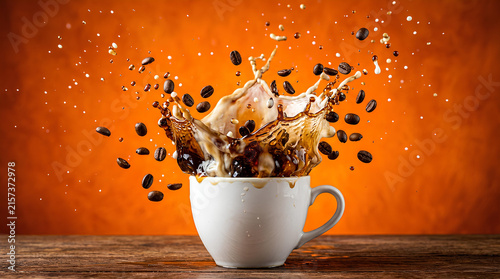 Coffee splashing from white cup with floating beans.