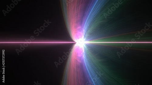 Abstract digital light burst explosion with bright neon pink green blue streaks on black background