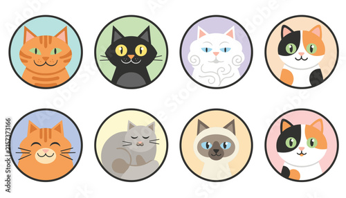 Set of eight colorful cat portraits in circular frames displaying different breeds of cute felines.