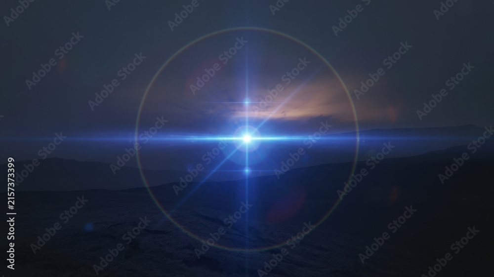 Obraz premium Blue lens flare light streak and sun halo effect in dark mountain sky