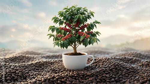 Coffee tree growing in white cup on roasted beans field