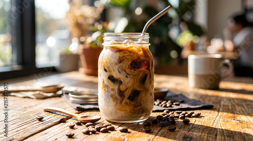 Cold brew iced coffee in mason jar with straw.