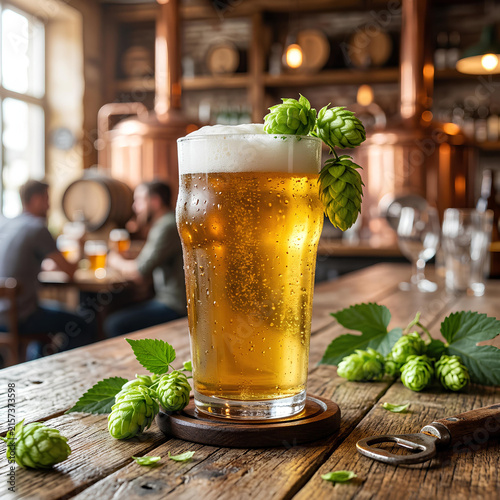 Cold lager beer glass with fresh hop garnish.