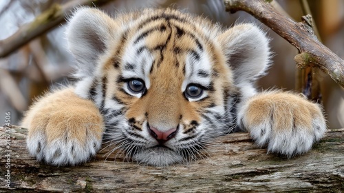 Close up of tiger cub peeking over wood log.