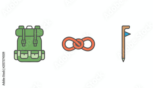 Camping and outdoor equipment set containing a green backpack, an orange safety rope, and a wooden walking stick.