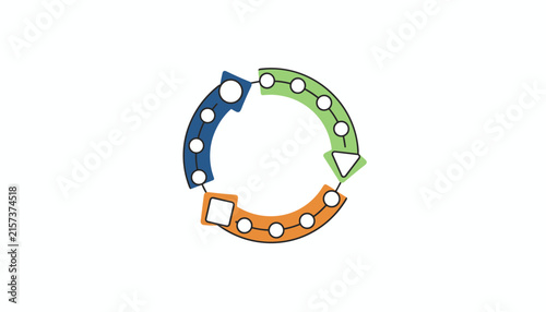 Circular game progress path divided into blue, green, and orange sections with steps and geometric shape endpoints.