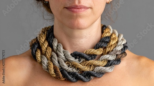 Close up of woman wearing chunky multicolored rope necklace.