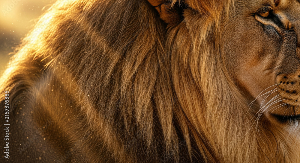 Obraz premium Majestic Lion Portrait close-up, golden hour light highlighting mane, wildlife photography