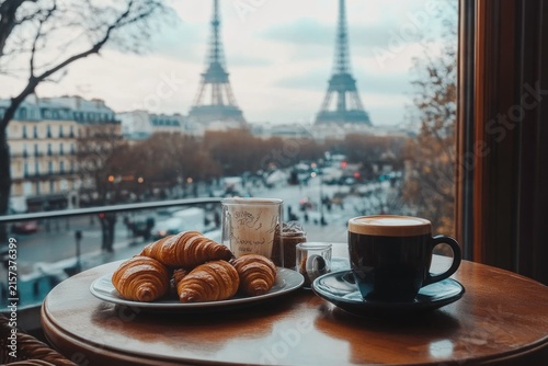 Coffee and croissants with Eiffel Tower view in Paris