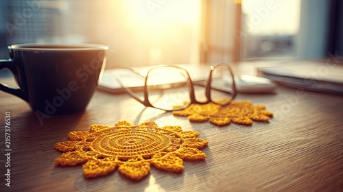 Coffee cup and eyeglasses on sunlit table.