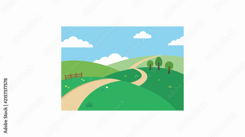 Fototapeta premium Beautiful Rural Landscape with a Winding Pathway Through Vibrant Green Meadows and Rolling Hills Outdoors
