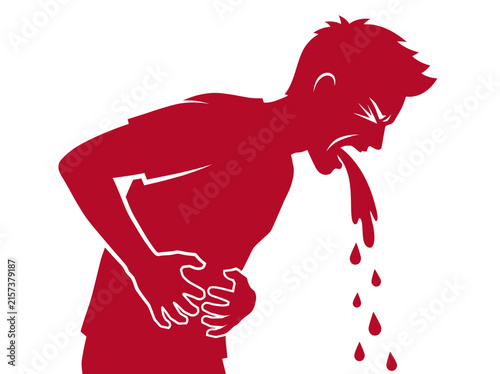 Bild auf Leinwand Red Silhouette of Man Vomiting and Holding Stomach Representing Sickness or Food