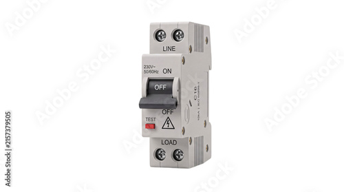 Cuadro en lienzo Miniature circuit breaker with on/off switch and warning symbol on white isolate