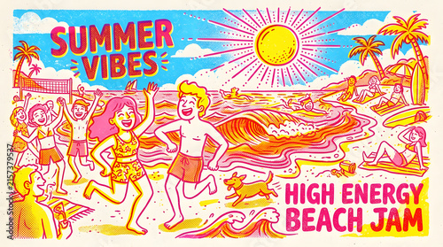 Summer Vibes High Energy Beach Jam Retro Beach Party Illustration
