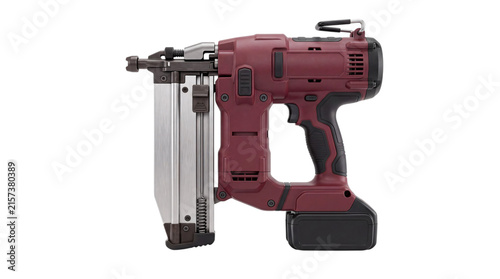 Foto Red and black cordless nail gun with metal magazine and battery pack keywords: i