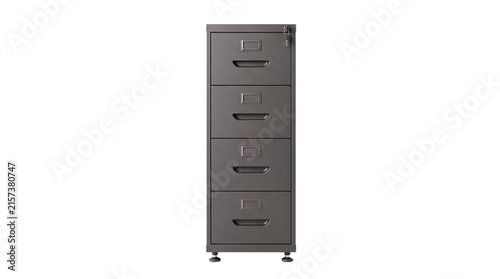 Bild auf Leinwand Tall gray metal four-drawer filing cabinet with lock and drawer pulls on white i