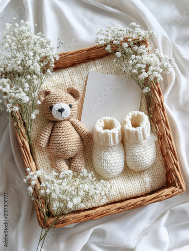 Top down view of baby themed arrangement with crocheted teddy bear, white booties, and flowers in wicker basket on fabric
