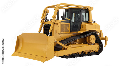 Foto Yellow caterpillar bulldozer with large front blade and tracks on white isolated