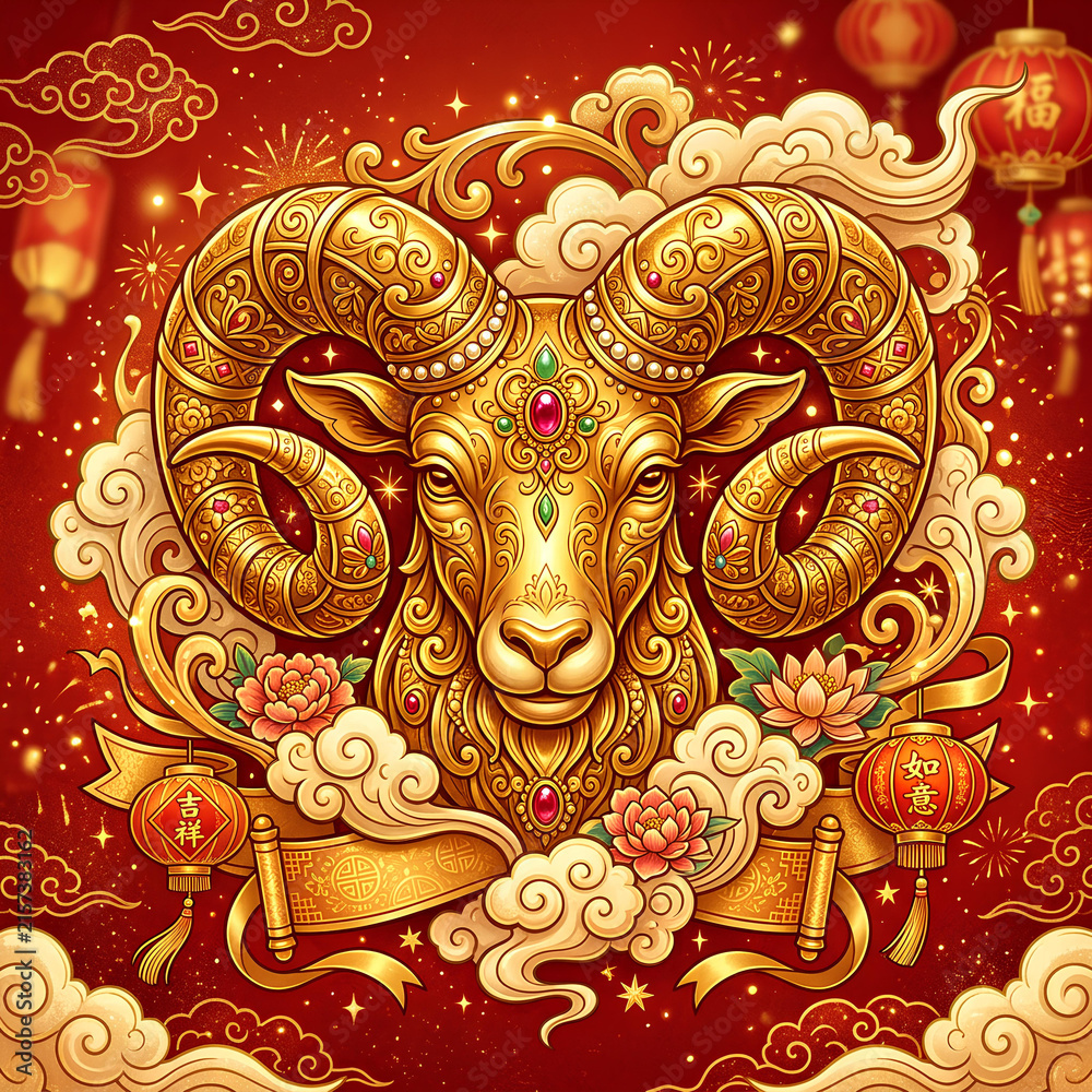 Naklejka premium Golden Chinese New Year ram ornament.