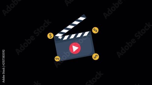 Animated Film Clapperboard with Floating Dollar Coins. Paid Advertisement - Transparent
