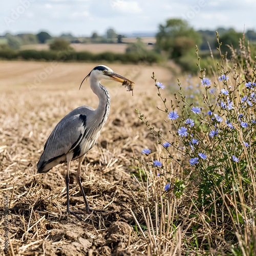 Grey heron in field with mouse in beak.