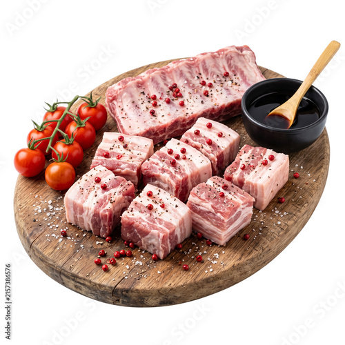 Raw Pork Ribs and Belly Slices, Seasoned with Pepper and Salt, Isolated