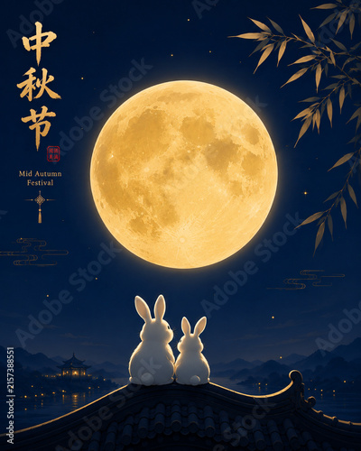 Mid-Autumn Festival Greeting Illustration Featuring Two Rabbits Sitting Together Under a Bright Golden Full Moon in a Peaceful Night Scene